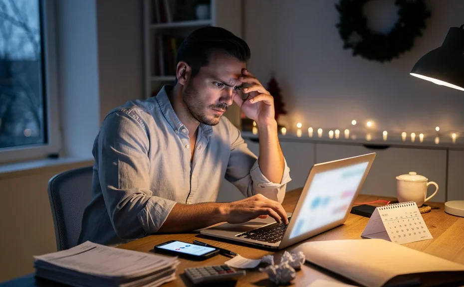 Entrepreneur stressé face à des documents fiscaux après un oubli de CFE en décembre