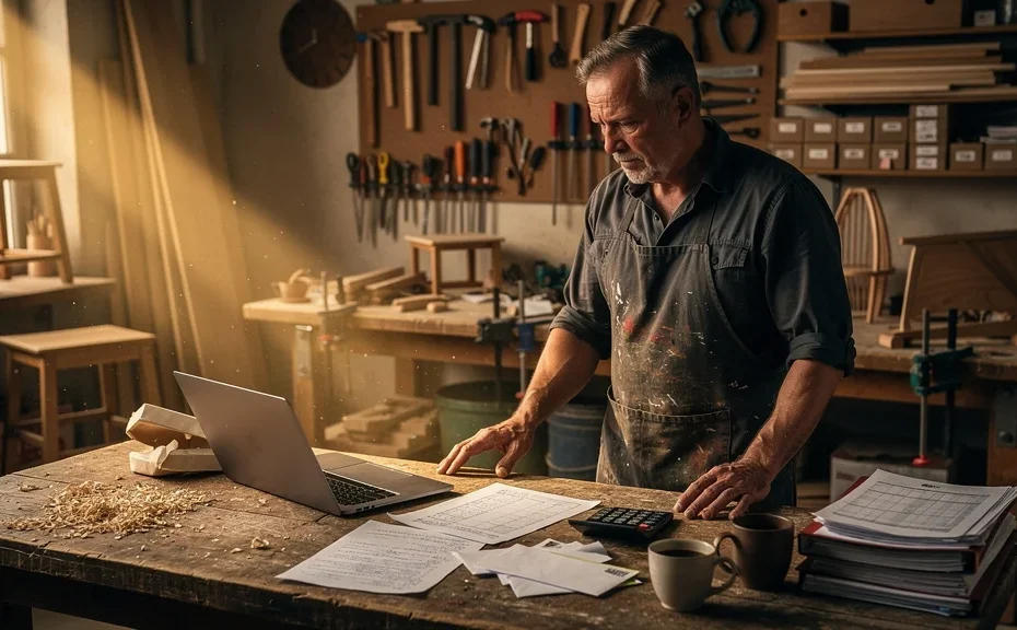 Atelier artisanal avec artisan et documents financiers, illustration du sujet acomptes IS