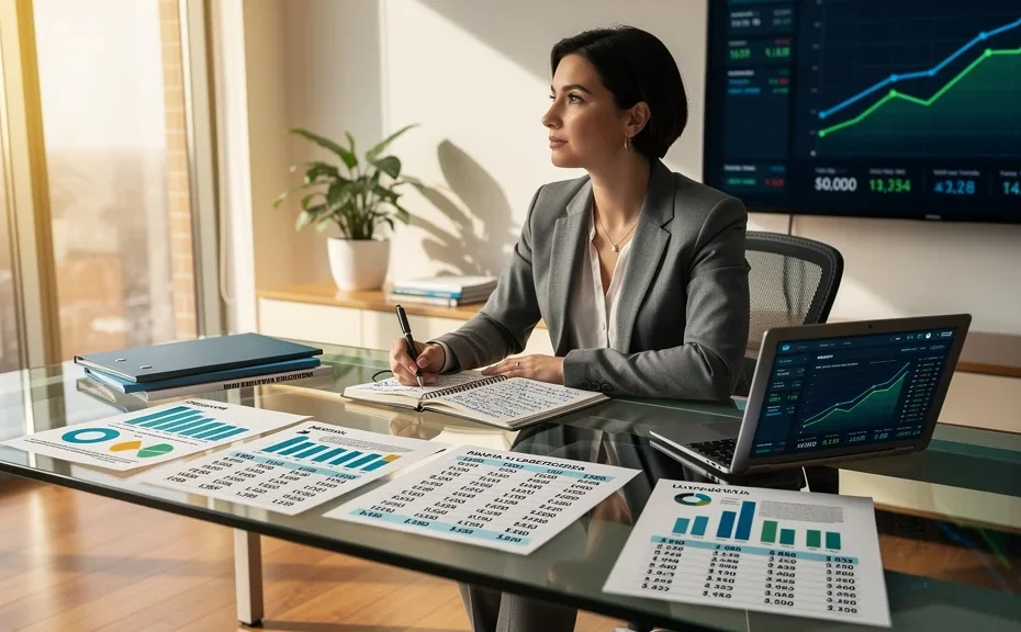 Professionnelle analysant des bilans trimestriels dans un bureau moderne, symbole de compréhension financière approfondie