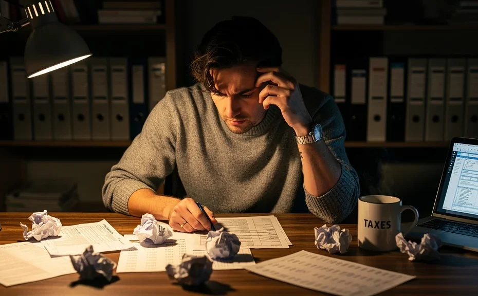 Personne pensant à ses erreurs répétées dans des déclarations, ambiance studieuse et réflexion profonde