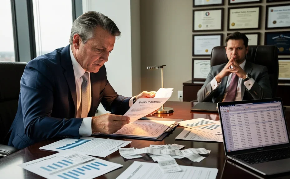 Homme regrette contrat signé avec expert-comptable trop cher dans bureau moderne professionnel