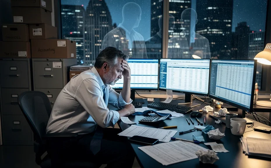 Homme stressé dans un bureau sombre après avoir perdu le contrôle de l'externalisation totale de sa comptabilité