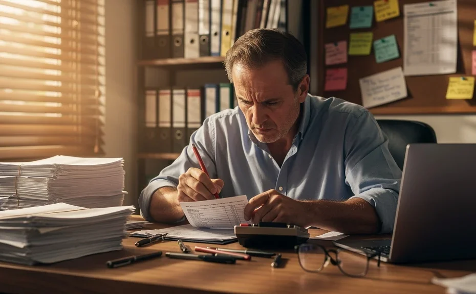 Gestion manuelle des factures révélant les erreurs récurrentes dans un bureau moderne et lumineux