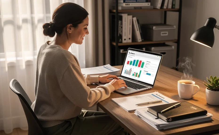 Professionnelle sereine dans son bureau lumineux après avoir arrêté de repousser ses déclarations fiscales