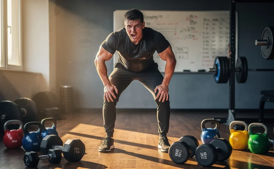Athlète épuisé comprenant le poids des charges variables après un exercice intense à bout de souffle