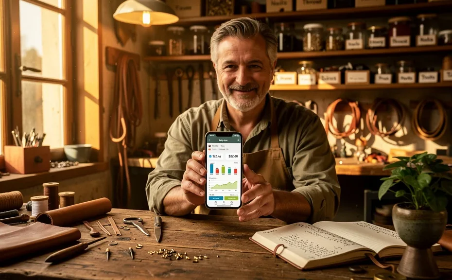 Artisan calme suivant ses dépenses au jour le jour pour réduire son stress financier