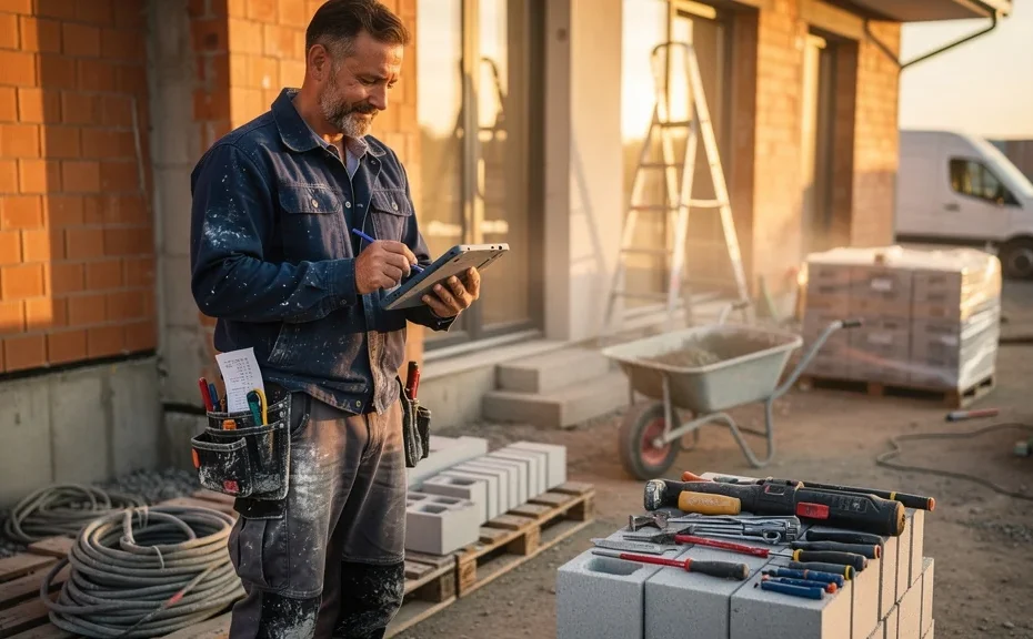 Artisan utilisant Tiime sur chantier pour facturer ses travaux sans erreur