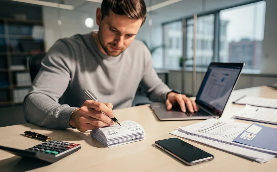 Entrepreneur testant un contrat d’affacturage simplifié sur 3 factures de 1 200 euros