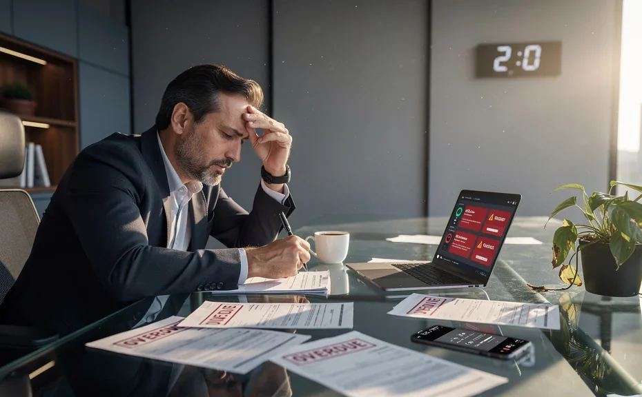 Homme d'affaires stressé face aux factures impayées illustrant le coût de la négligence des relances clients