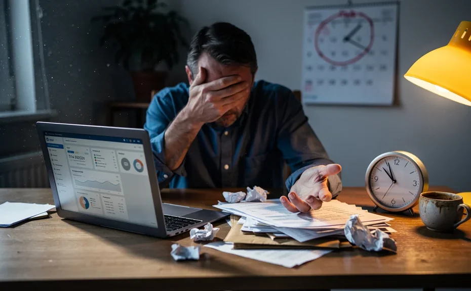 J'aurais aime savoir que le regime reel se choisit avant le 1er fevrier chaque annee : entrepreneur inquiet face à ses papiers