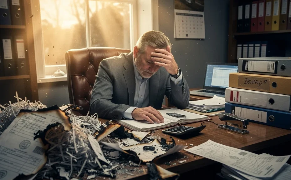 Homme inquiet devant des factures d’immobilisation détruites trop tôt dans un bureau comptable