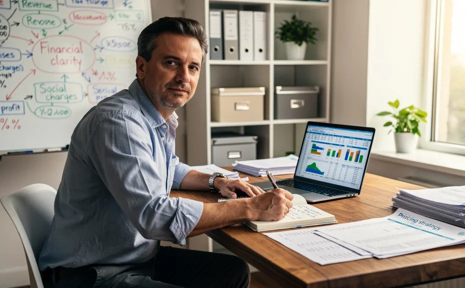 Professionnel concentré intégrant le coût réel des charges sociales dans ses tarifs pour optimiser sa gestion