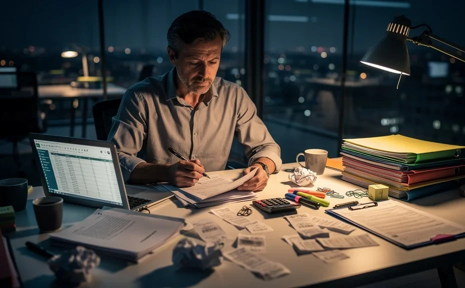 Employé face à ses notes de frais après un contrôle URSSAF, ambiance de bureau tendue