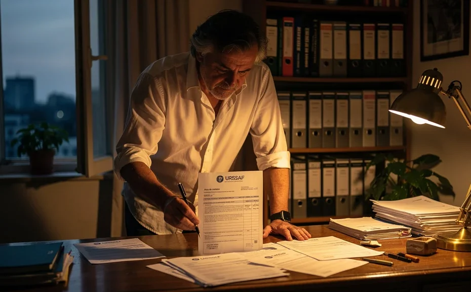 Homme face à une lettre URSSAF, réalisant l'impact des cotisations sociales sur ses priorités financières
