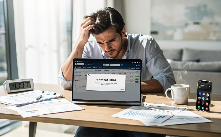 Jeune professionnel frustré face à un bug de synchronisation en comptabilité en ligne dans un bureau moderne