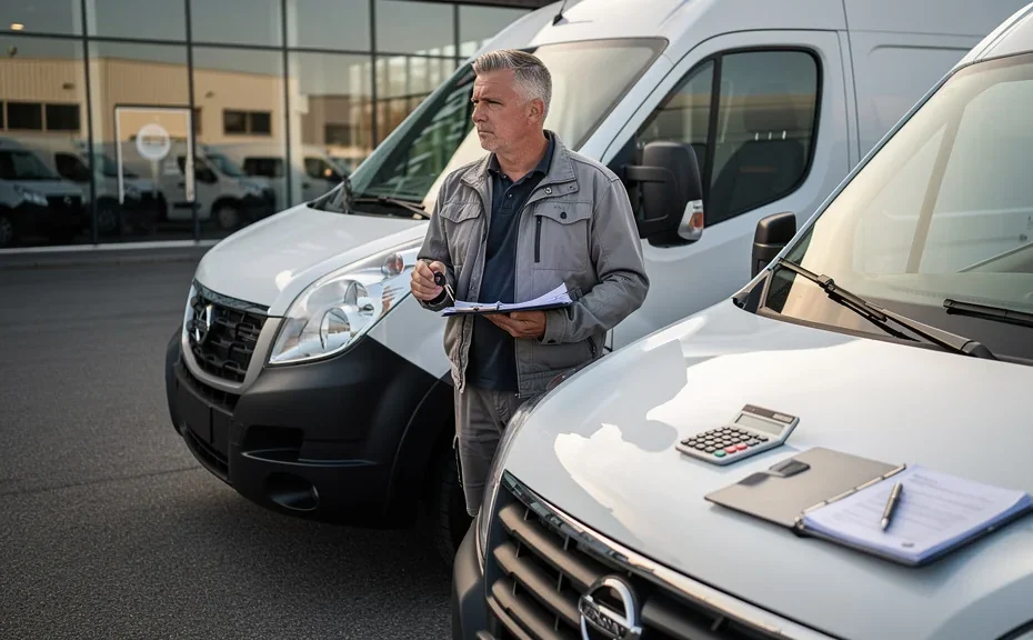 Avis sur le leasing véhicule utilitaire face à l'achat comptant, devant un utilitaire en concession