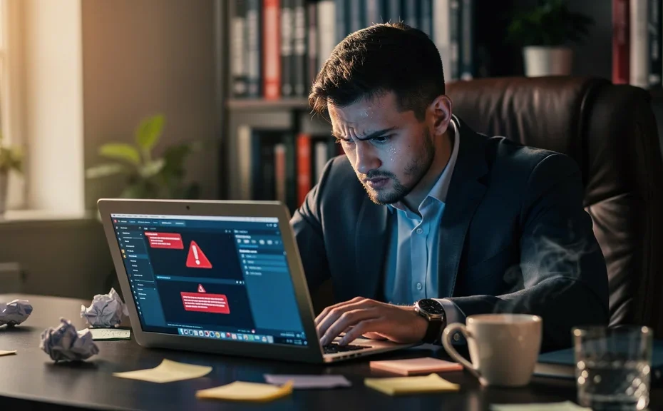 Homme frustré devant logiciel gratuit de gestion, illustrant un piège numérique en bureau moderne