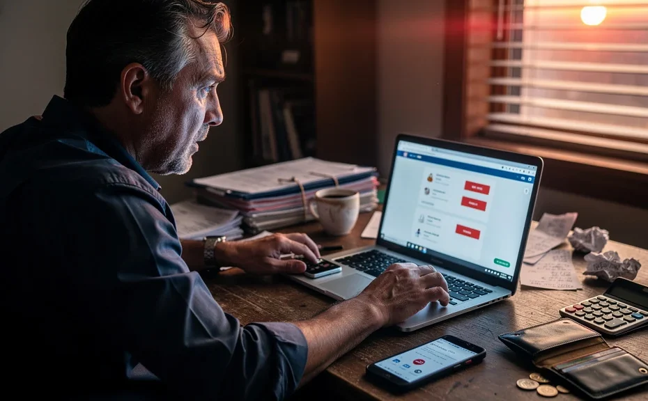 Entrepreneur stressé devant ses acomptes IS et un compte bancaire à sec deux fois