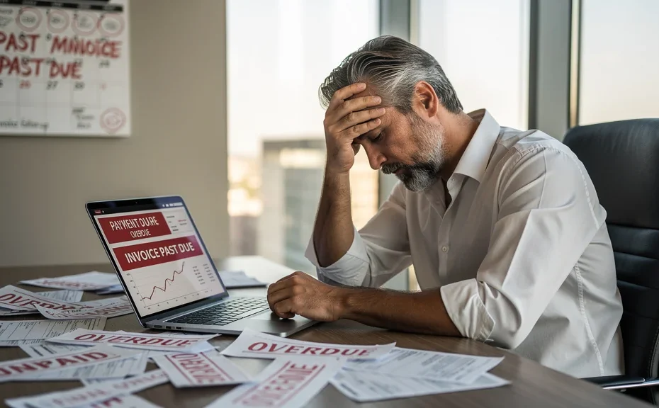 Homme d'affaires stressé dans son bureau à cause de factures impayées coûtant deux mois de trésorerie