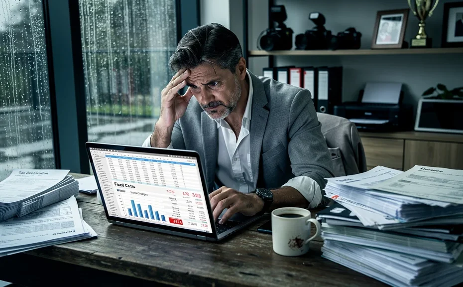 Professionnel stressé face à ses charges élevées en auto-entrepreneuriat, bureau moderne sous lumière naturelle