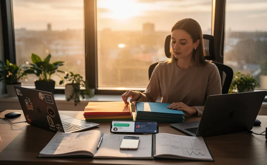 Entrepreneur séparant comptes perso et pro dans un bureau moderne au lever du soleil, organisation claire et professionnelle