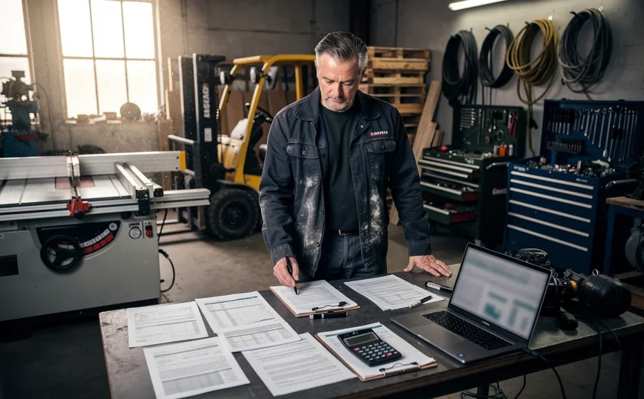 Artisan avec gros matériel et documents financiers illustrant pourquoi le régime réel vaut mieux