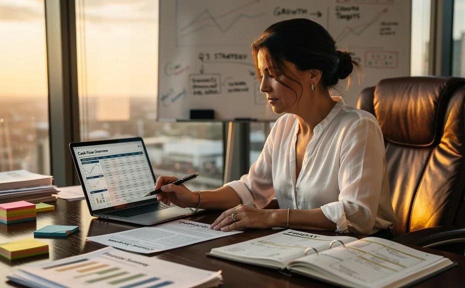 Entrepreneure faisant le point financier chaque vendredi pour éviter un trou de trésorerie