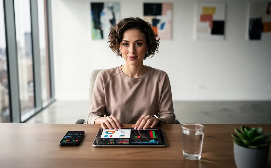 Femme concentrée pilotant sa trésorerie sans tableur, bureau moderne minimaliste lumineux