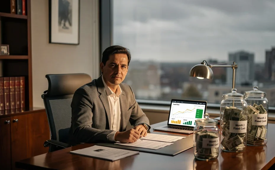 Entrepreneur calme tenant un fonds de roulement de 3 mois pour charges fixes en saison creuse