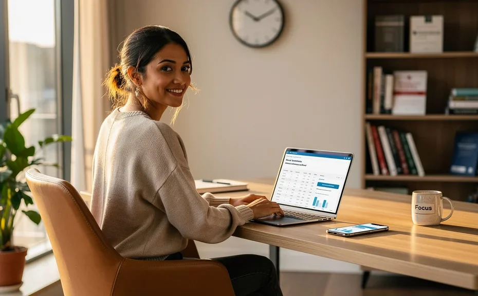 Femme heureuse ayant mis en place un prélèvement auto pour ses cotisations sociales dans son bureau moderne