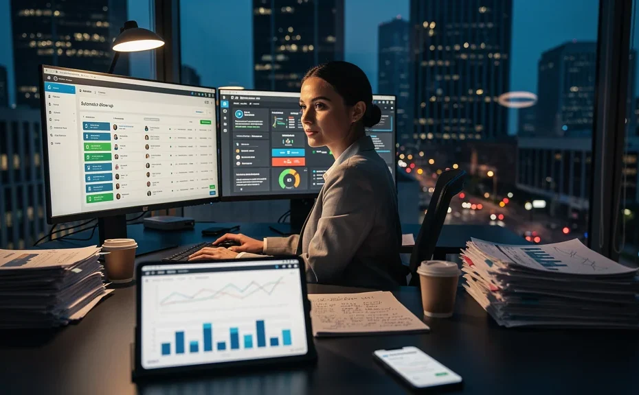 Professionnelle suivant une relance client automatique sur ordinateur pendant un trimestre, testant deux réglages différents