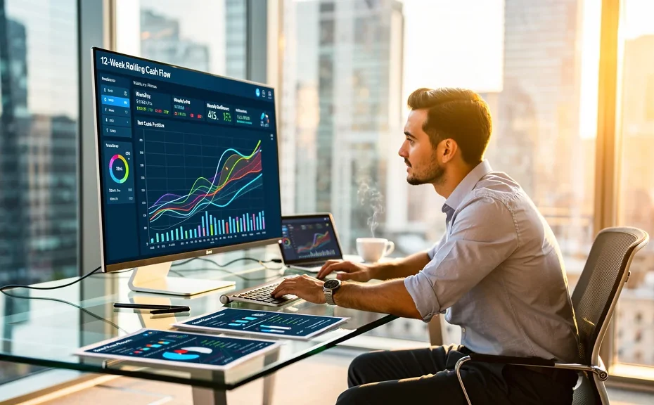 Professionnel analysant un échéancier de trésorerie 12 semaines glissantes dans un bureau lumineux moderne