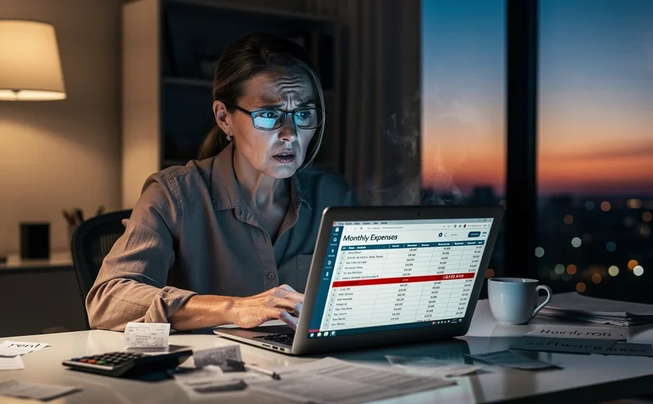 Femme stressée réalisant que son prix horaire ne couvre pas ses charges dans un bureau moderne