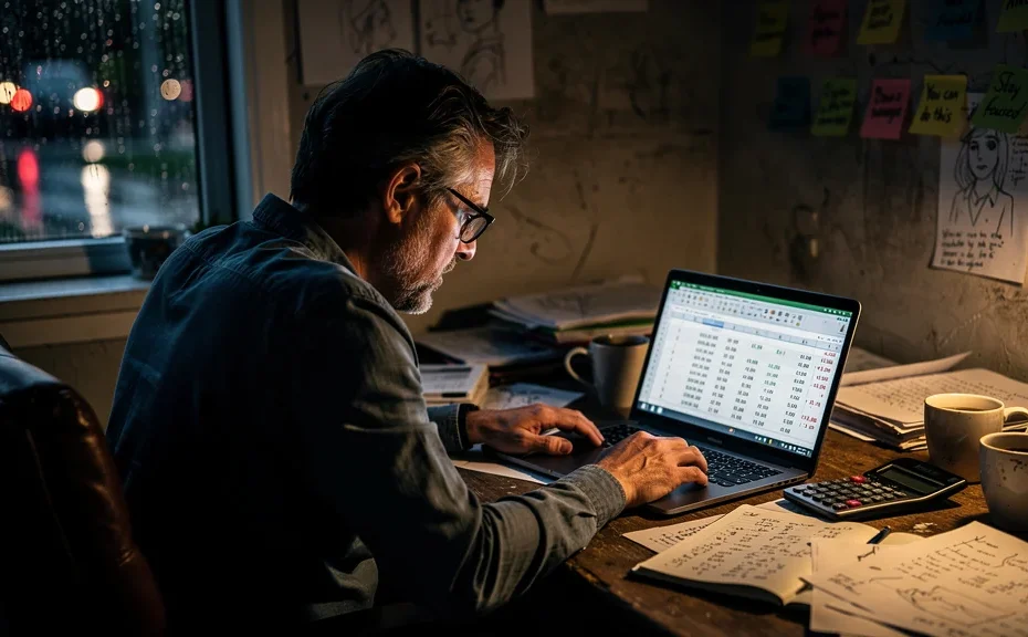 Photographie réaliste d’un travailleur indépendant stressé par un devis mal chiffré causant un travail à perte