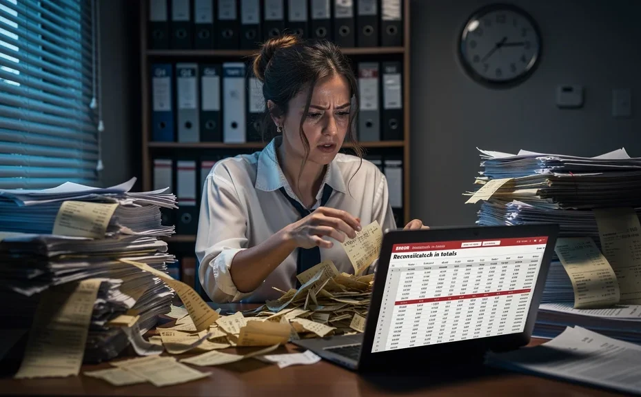 Stressed accountant overwhelmed par le désordre des justificatifs mal classés qui retardent la clôture des comptes