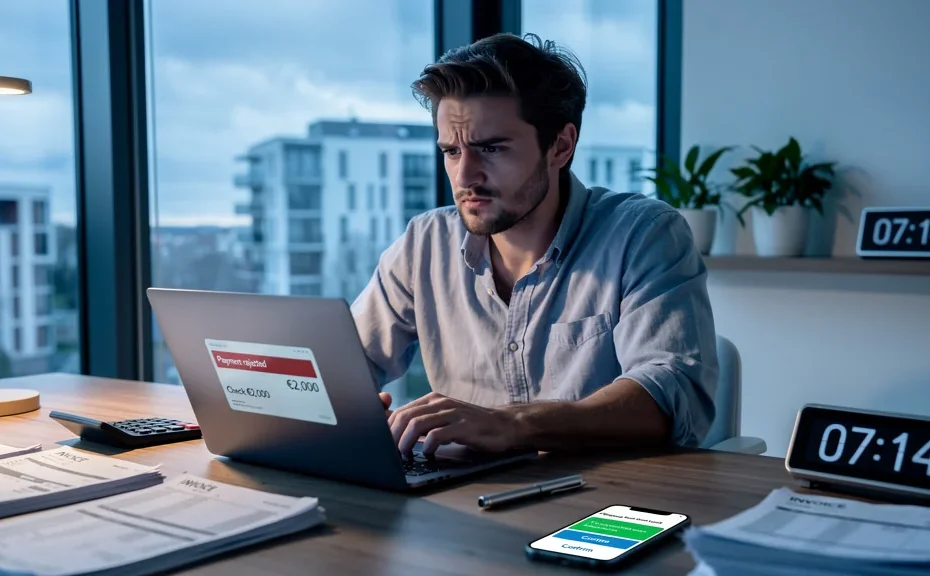 Homme frustré devant son ordinateur après rejet d'un chèque, illustrant l'importance du virement bancaire