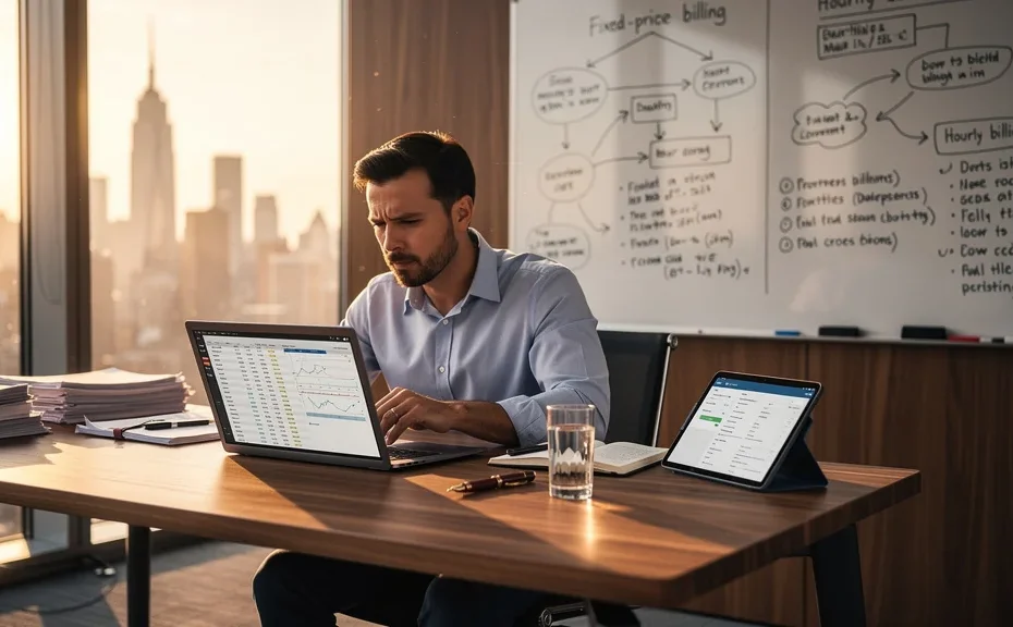 Homme réfléchissant à la facturation au forfait vs temps passé dans un bureau moderne lumineux