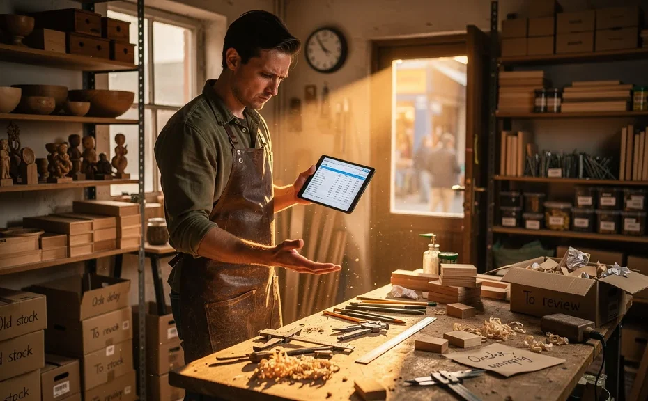 Artisan découvrant que son stock coûte plus cher que prévu dans son atelier artisanal détaillé