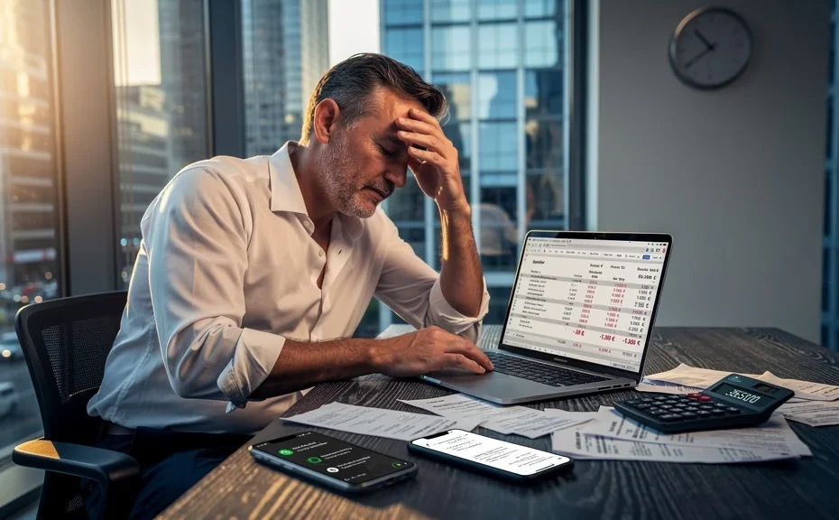 Entrepreneur frustré face à ses factures et agios, coûtant 1 200 euros de trésorerie non négociée