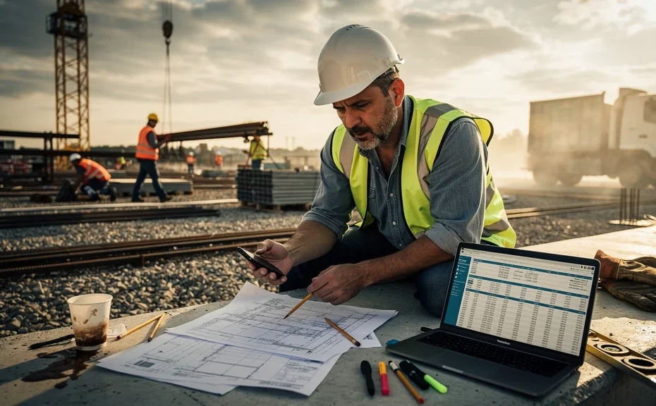 Homme stressé sur chantier regrettant d'oublier de facturer un avenant, demi-journée offerte perdue