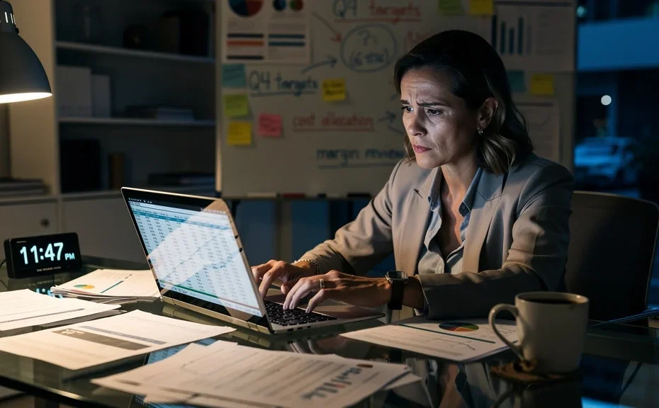 Femme professionnelle fatiguée réalisant l'impact du temps non facturable sur la marge financière