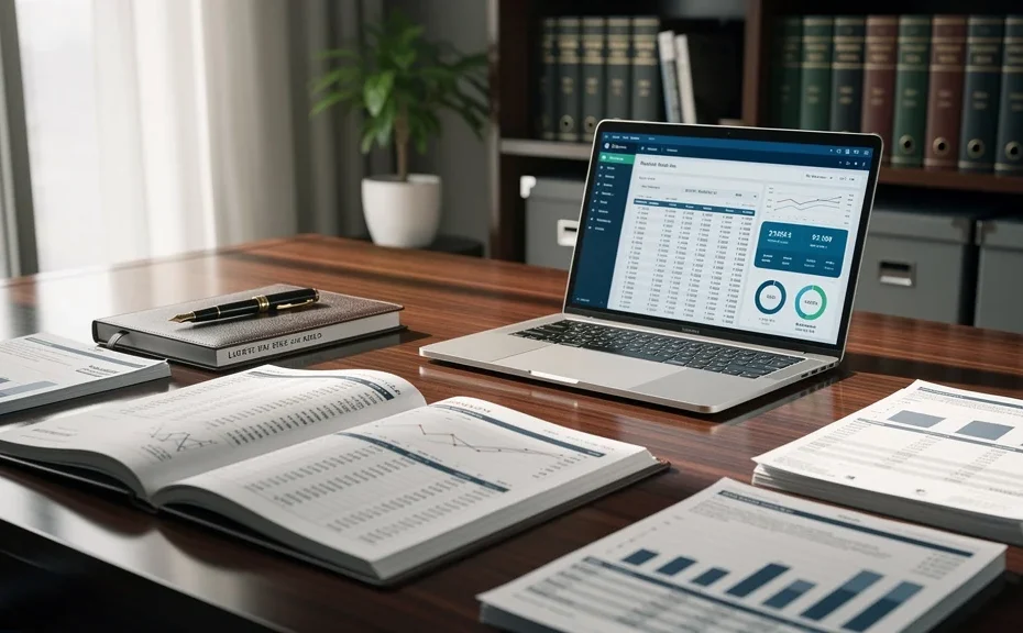 Image réaliste d’un bureau professionnel illustrant un bilan comptabilité avec documents et outils financiers