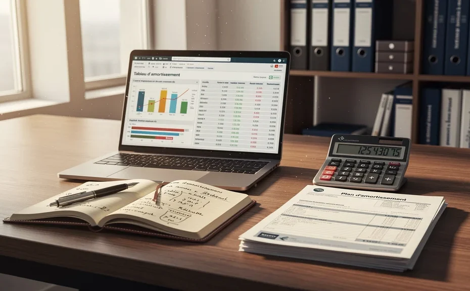 Calcul des amortissements avec bureau de consultant financier, laptop, calculatrice et documents financiers en lumière naturelle