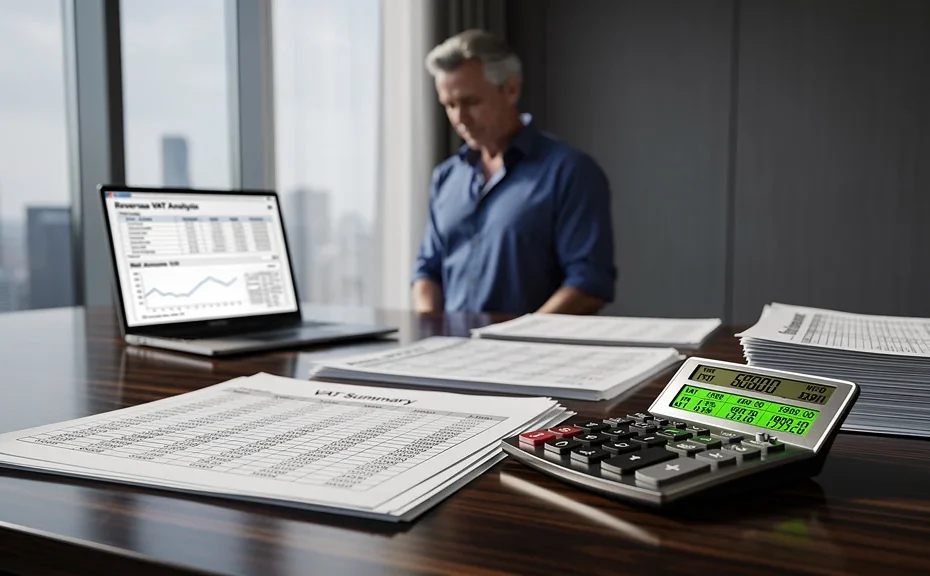 Calcul TVA inversé : bureau moderne avec documents, calculatrice et ordinateur pour gestion financière