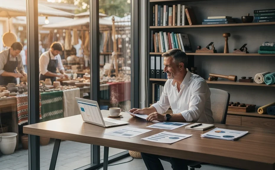 Consultant indépendant cogep en bureau moderne avec vue sur marché artisanal pour optimisation d’activités