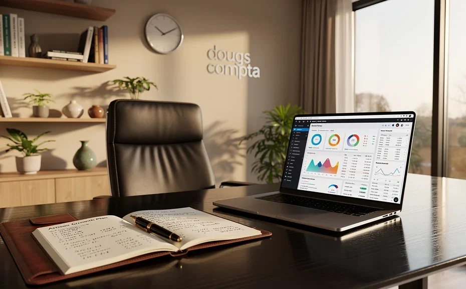 Bureau moderne et lumineux illustrant l'expertise en comptabilité Dougs Compta pour artisans et commerçants