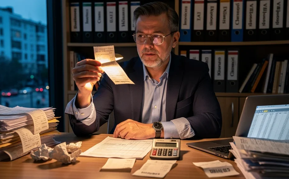 Consultant indépendant examinant des tickets de caisse pour retrouver 900 euros de TVA oubliée
