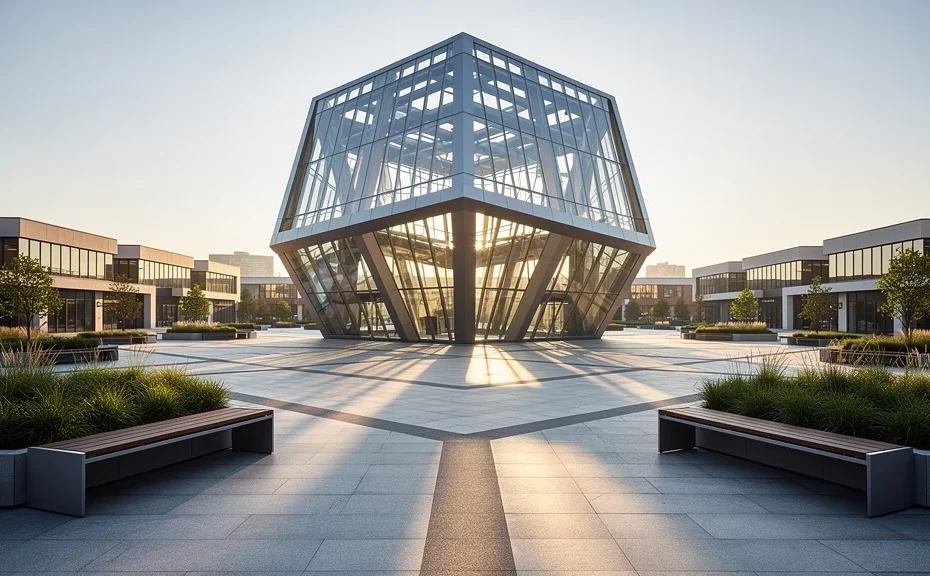 Photographie hyper-réaliste d’une grande structure hexagonale moderne en verre et acier dans un espace urbain