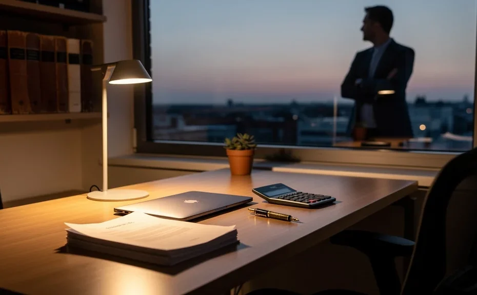 Photo réaliste d’un bureau moderne au crépuscule symbolisant la fermeture d’une micro entreprise
