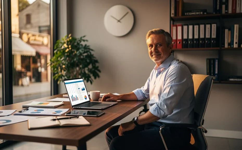 Portrait photoréaliste d'un consultant fiteco homme 45 ans en bureau moderne lumineux